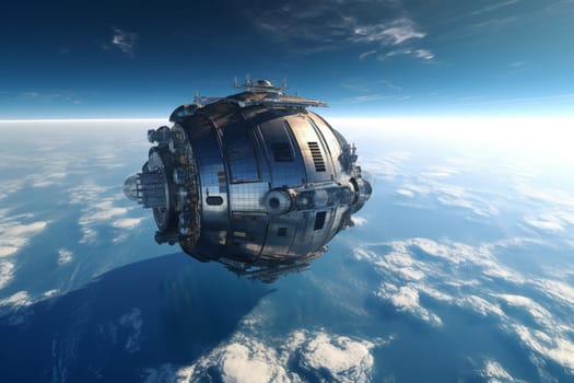 Experience the beauty of this futuristic space station floating majestically above an endless ocean. The photorealistic quality of the photograph is of the highest quality, captured in sharp focus, and made with beautiful contrast to accentuate the space age sci-fi feel of the piece. (generative AI)