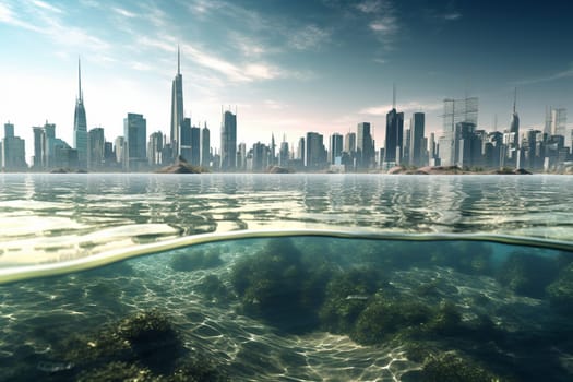 This futuristic cityscape is built along the shore of a vast ocean, with buildings on stilts in the shallow waters, overlooking the endless possibilities of the ocean. The beauty of the cityscape and surrounding ocean captured in breathtaking panoramic photography, made in high-quality photorealistic detail. (generative AI)