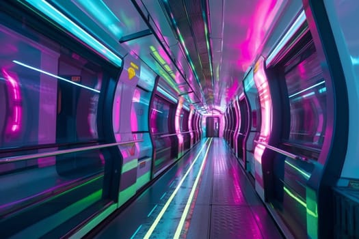 A sleek, sci-fi inspired subway train blasts through a winding tunnel, its headlights casting a neon glow on the smooth walls of the passageway. The train's doors slide open at each platform, letting passengers enter and exit with ease. (generative AI)