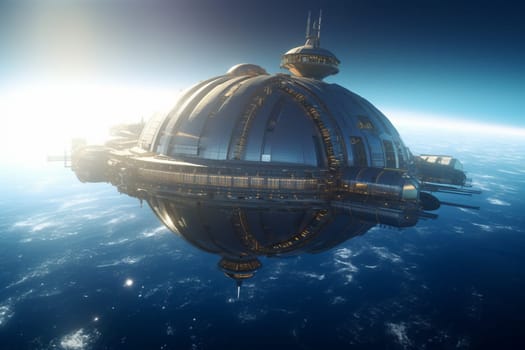 Experience the beauty of this futuristic space station floating majestically above an endless ocean. The photorealistic quality of the photograph is of the highest quality, captured in sharp focus, and made with beautiful contrast to accentuate the space age sci-fi feel of the piece. (generative AI)