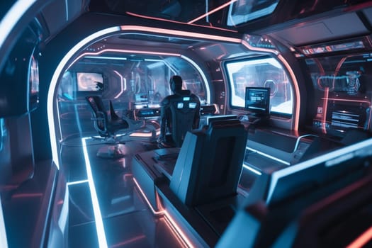 In the near future, a tech company with cutting-edge holographic displays and robotic assistants creates innovative solutions for the world's most pressing problems. Humans and robots work in perfect harmony to achieve their shared goals, pushing the boundaries of what is possible in the field of technology. (generative AI)