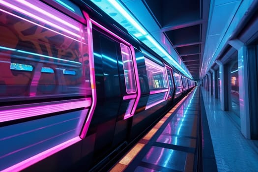 A sleek, sci-fi inspired subway train blasts through a winding tunnel, its headlights casting a neon glow on the smooth walls of the passageway. The train's doors slide open at each platform, letting passengers enter and exit with ease. (generative AI)