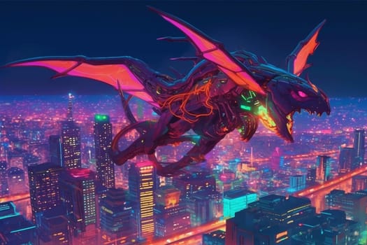In this futuristic scene, a robotic dragon can be seen flying over a neon-lit city skyline, creating a dynamic and modern ambiance. The neon colors give the scenery a sci-fi feeling, while the sharp focus aerial point of view adds to the sense of movement and excitement. (generative AI)