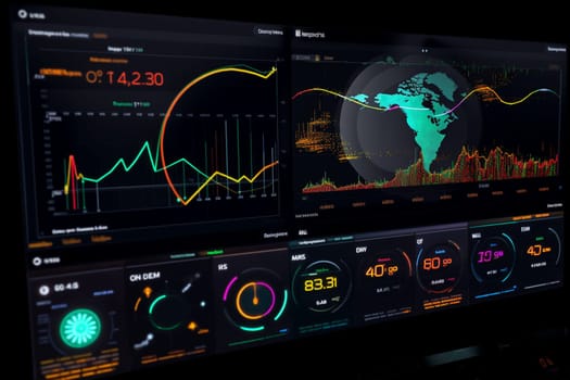 Harnessing the immense power of computer algorithmic processing, this trading desk delivers real-time market analytics and instantaneous buying and selling of securities. This futuristic platform interfaces with global trading networks, where machine-harvested data crystallizes into a playing field of possibilities. This image captures the interface that connects liquidity with algorithms, where industrial might meets sophisticated artificial intelligence. (generative AI)