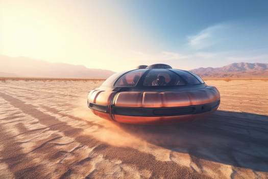 The hovercraft zooms across the barren desert landscape, its advanced technology allowing it to traverse any terrain with ease. The dramatic lighting of the sunset creates a beautiful contrast with the sleek design of the futuristic craft, making for a stunning scene in the middle of nowhere. (generative AI)