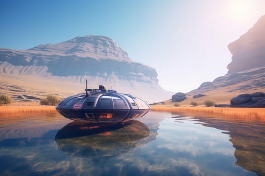 A cutting-edge hovercraft skims across the surface of a pristine lake, its futuristic design turning heads wherever it goes. The craft is powered by a series of thrusters and stabilizers, allowing it to glide effortlessly over the water. (generative AI)