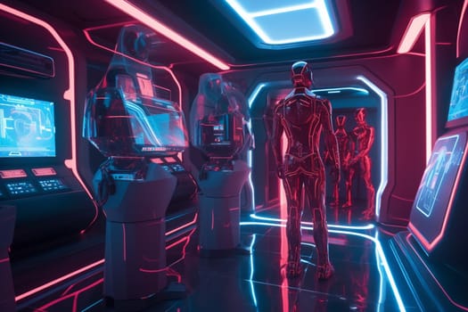 In the near future, a tech company with cutting-edge holographic displays and robotic assistants creates innovative solutions for the world's most pressing problems. Humans and robots work in perfect harmony to achieve their shared goals, pushing the boundaries of what is possible in the field of technology. (generative AI)