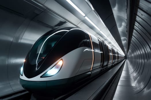 A sleek hyperloop train speeds through a vacuum-sealed tunnel, its cutting-edge propulsion technology capable of achieving incredible speeds. The train's passengers enjoy a smooth and silent ride, arriving at their destinations in record time. (generative AI)