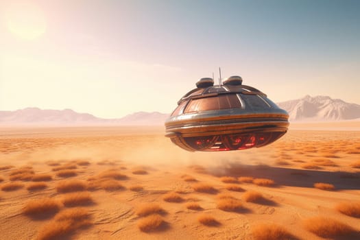 The hovercraft zooms across the barren desert landscape, its advanced technology allowing it to traverse any terrain with ease. The dramatic lighting of the sunset creates a beautiful contrast with the sleek design of the futuristic craft, making for a stunning scene in the middle of nowhere. (generative AI)