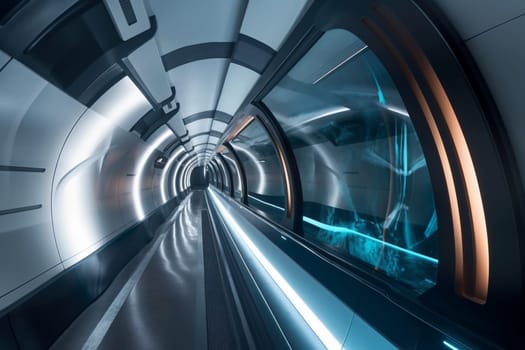 A sleek hyperloop train speeds through a vacuum-sealed tunnel, its cutting-edge propulsion technology capable of achieving incredible speeds. The train's passengers enjoy a smooth and silent ride, arriving at their destinations in record time. (generative AI)