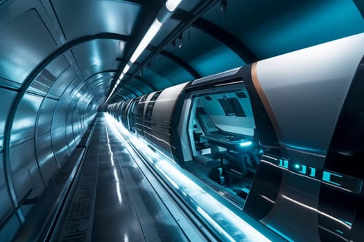 A sleek hyperloop train speeds through a vacuum-sealed tunnel, its cutting-edge propulsion technology capable of achieving incredible speeds. The train's passengers enjoy a smooth and silent ride, arriving at their destinations in record time. (generative AI)