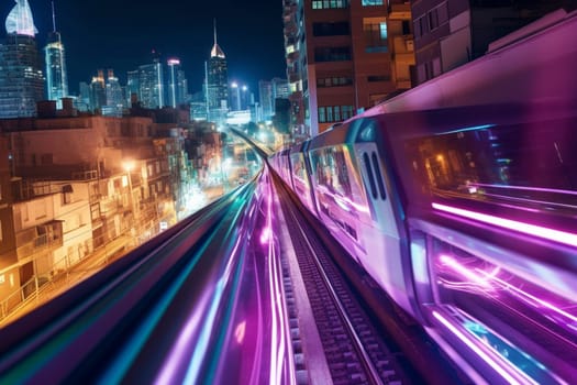 A sleek and futuristic monorail glides across the city skyline at night, under the glimmering neon lights of the cityscape. The monorail's advanced design and speed create a sense of motion and energy as it passes rapidly through the urban landscape. (generative AI)
