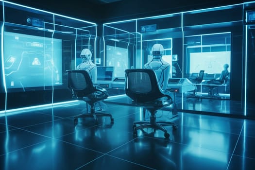 The office of the future is filled with the latest technology, as holographic screens and robot assistants aid employees in their daily tasks. The atmosphere is sleek and modern, as the business world moves towards a new era of innovation and progress. (generative AI)