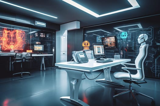 The office of the future is a high-tech wonderland. With cutting-edge technology and an artificial intelligence assistant, the possibilities are endless. (generative AI)