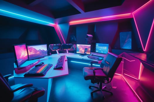 Step into the future with this ultra-modern office space. With holographic desks, neon lighting, and sleek lines, this cyberpunk-style workplace is perfect for the forward-thinking entrepreneur. Get ready to revolutionize your industry in style. (generative AI)