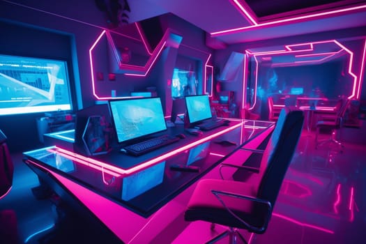 Step into the future with this ultra-modern office space. With holographic desks, neon lighting, and sleek lines, this cyberpunk-style workplace is perfect for the forward-thinking entrepreneur. Get ready to revolutionize your industry in style. (generative AI)