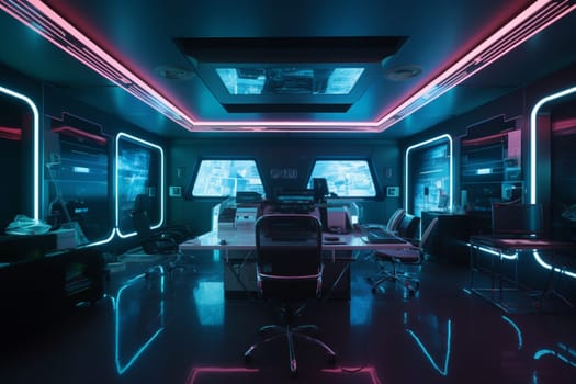 The modern workplace has been reimagined in this futuristic office, where human workers collaborate with advanced AI assistants amidst sleek, minimalist surroundings. Holographic displays, robotic coworkers, and other futuristic technologies are used to increase productivity and streamline workflow. (generative AI)