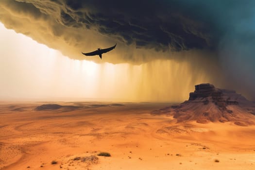 The roc is a giant bird of prey from Arabian mythology. This majestic creature can be seen soaring over a desert landscape amidst a sandstorm, its wings spread wide as the grains of sand swirl around it. The high contrast and epic feel create a sense of fantastical wonder. (generative AI)