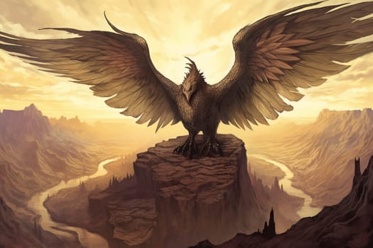 Rocs are mythical birds that are said to be able to carry elephants in their claws. This giant roc in this scene is spreading its wings over a desert landscape, creating an epic and grand ambiance. The earthy tones of the desert and the wide angle perspective add to the sense of space and majestic that this scene inspire. (generative AI)