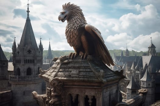 This scene depicts a griffin perched on a castle turret, overlooking a fantastical kingdom. The ornate architecture of the castle and the dramatic landscape add to the epic feel of the scene. (generative AI)