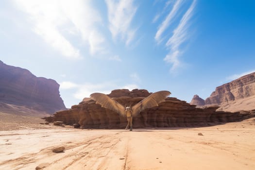 Rocs are mythical birds that are said to be able to carry elephants in their claws. This giant roc in this scene is spreading its wings over a desert landscape, creating an epic and grand ambiance. The earthy tones of the desert and the wide angle perspective add to the sense of space and majestic that this scene inspire. (generative AI)