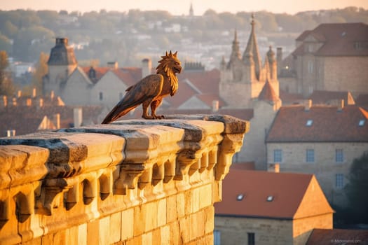 Griffins are legendary creatures that are part-lion and part-eagle, representing the strength and freedom of the animal kingdom. In this scene, a griffin is perched on a castle wall, overlooking a medieval city, creating a regal and majestic ambiance that evokes the warmth of a bygone era. (generative AI)