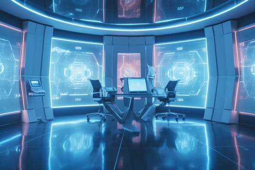 The office of the future is filled with the latest technology, as holographic screens and robot assistants aid employees in their daily tasks. The atmosphere is sleek and modern, as the business world moves towards a new era of innovation and progress. (generative AI)
