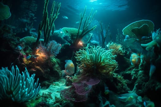 Descend into the depths of the ocean to discover a surreal and bioluminescent landscape of ethereal beauty. Alien plant life and exotic sea creatures are illuminated by a soft, blue glow, creating a dreamlike world that is both eerie and breathtaking. (generative AI)