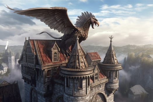 This scene depicts a griffin perched on a castle turret, overlooking a fantastical kingdom. The ornate architecture of the castle and the dramatic landscape add to the epic feel of the scene. (generative AI)