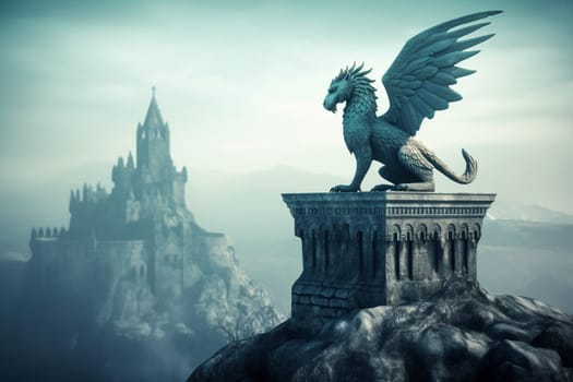 A griffin is a legendary creature that is part lion and part eagle. This majestic animal can be seen perched on a stone tower watching over a vast kingdom, creating a regal and dramatic scene that evokes a sense of history and intrigue. (generative AI)