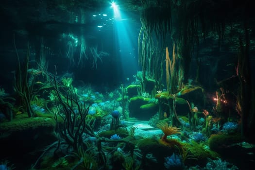 Descend into the depths of the ocean to discover a surreal and bioluminescent landscape of ethereal beauty. Alien plant life and exotic sea creatures are illuminated by a soft, blue glow, creating a dreamlike world that is both eerie and breathtaking. (generative AI)