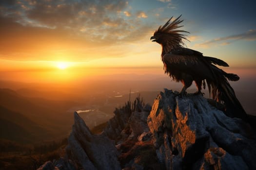 The griffin stands tall and majestic on top of a mountain peak, silhouetted against the orange and pink hues of sunrise. The scene is natural and wilderness-like, highlighting the raw power and beauty of this legendary creature. (generative AI)