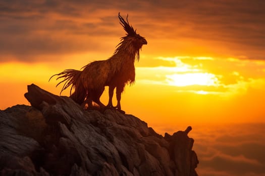 The griffin stands tall and majestic on top of a mountain peak, silhouetted against the orange and pink hues of sunrise. The scene is natural and wilderness-like, highlighting the raw power and beauty of this legendary creature. (generative AI)