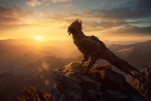 The griffin stands tall and majestic on top of a mountain peak, silhouetted against the orange and pink hues of sunrise. The scene is natural and wilderness-like, highlighting the raw power and beauty of this legendary creature. (generative AI)