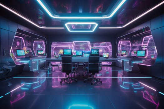 The modern workplace has been reimagined in this futuristic office, where human workers collaborate with advanced AI assistants amidst sleek, minimalist surroundings. Holographic displays, robotic coworkers, and other futuristic technologies are used to increase productivity and streamline workflow. (generative AI)