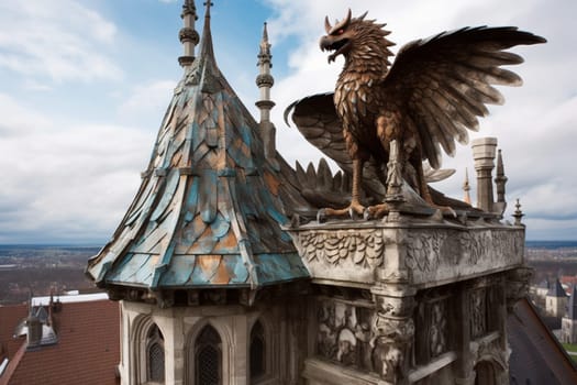 This scene depicts a griffin perched on a castle turret, overlooking a fantastical kingdom. The ornate architecture of the castle and the dramatic landscape add to the epic feel of the scene. (generative AI)