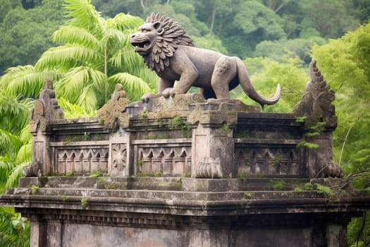 The griffin is a legendary creature with the body of a lion and the head of an eagle, and can be seen perched on top of an ancient temple, overlooking a lush jungle. The intricate detail of the temple and the texture of the jungle provide a beautiful and natural backdrop for this magnificent animal. (generative AI)