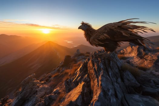 The griffin stands tall and majestic on top of a mountain peak, silhouetted against the orange and pink hues of sunrise. The scene is natural and wilderness-like, highlighting the raw power and beauty of this legendary creature. (generative AI)