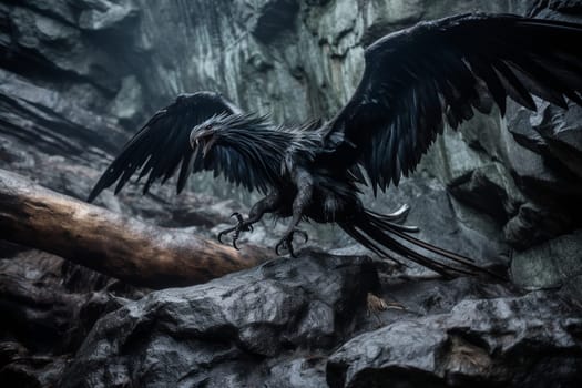 A mythological creature that is part eagle and part lion, the griffin is a fierce predator that strikes fear into its prey. In this dramatic scene, the griffin swoops down on its prey in a rocky canyon, creating an epic and cinematic display of power and strength. (generative AI)