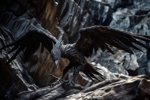 A mythological creature that is part eagle and part lion, the griffin is a fierce predator that strikes fear into its prey. In this dramatic scene, the griffin swoops down on its prey in a rocky canyon, creating an epic and cinematic display of power and strength. (generative AI)