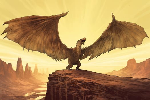 Rocs are mythical birds that are said to be able to carry elephants in their claws. This giant roc in this scene is spreading its wings over a desert landscape, creating an epic and grand ambiance. The earthy tones of the desert and the wide angle perspective add to the sense of space and majestic that this scene inspire. (generative AI)
