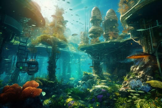 This futuristic undersea city is a marvel of technology and architecture, with towering buildings and advanced transportation systems. The photorealistic detail and sharp focus make it seem almost real, while the colorful lights and panoramic view capture the drama and majesty of this awe-inspiring environment. (generative AI)