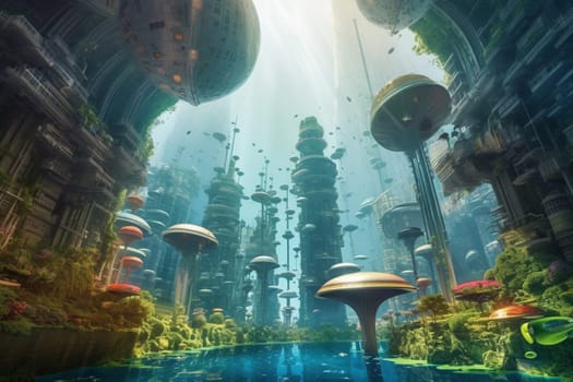 This futuristic undersea city is a marvel of technology and architecture, with towering buildings and advanced transportation systems. The photorealistic detail and sharp focus make it seem almost real, while the colorful lights and panoramic view capture the drama and majesty of this awe-inspiring environment. (generative AI)