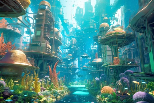 This futuristic underwater city is a marvel of design and engineering, with colorful buildings and schools of fish swimming overhead. The photorealistic quality of the underwater photography captures every detail of this vibrant and surreal scene, with the sharp focus and high quality ensuring that even the smallest details are visible. (generative AI)