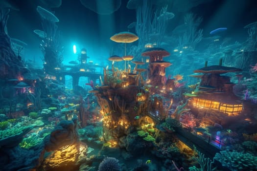 Explore the depths of a futuristic underwater city, nestled on a vibrant coral reef and teeming with exotic sea creatures. The neon lights illuminate the colorful underwater landscape, making it a photographer's dream. (generative AI)