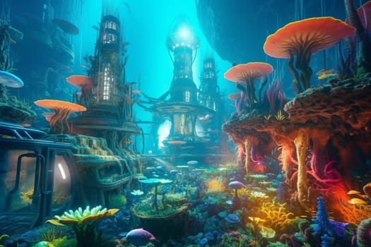 Explore the depths of a futuristic underwater city, nestled on a vibrant coral reef and teeming with exotic sea creatures. The neon lights illuminate the colorful underwater landscape, making it a photographer's dream. (generative AI)