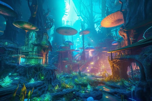 Explore the depths of a futuristic underwater city, nestled on a vibrant coral reef and teeming with exotic sea creatures. The neon lights illuminate the colorful underwater landscape, making it a photographer's dream. (generative AI)
