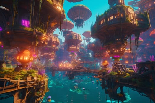 This futuristic underwater city is a marvel of design and engineering, with colorful buildings and schools of fish swimming overhead. The photorealistic quality of the underwater photography captures every detail of this vibrant and surreal scene, with the sharp focus and high quality ensuring that even the smallest details are visible. (generative AI)