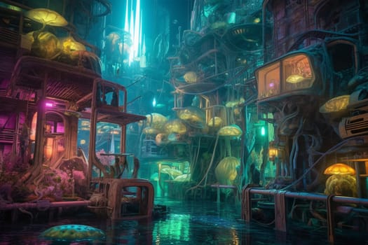 In a world where the ocean floor has been fully explored, a futuristic society has built a city deep beneath the waves. This city is a marvel of technological advancement, with glowing buildings and mechanical sea creatures navigating the waters. A photographer captures the beauty of this futuristic underwater metropolis. (generative AI)