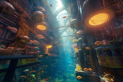 This futuristic underwater city is a marvel of design and engineering, with colorful buildings and schools of fish swimming overhead. The photorealistic quality of the underwater photography captures every detail of this vibrant and surreal scene, with the sharp focus and high quality ensuring that even the smallest details are visible. (generative AI)